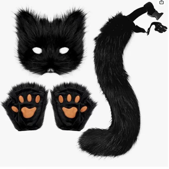 Furry Black Cat Costume with Mask,Tail and Fingerless Faux Fur Paw Gloves - Picture 1 of 8